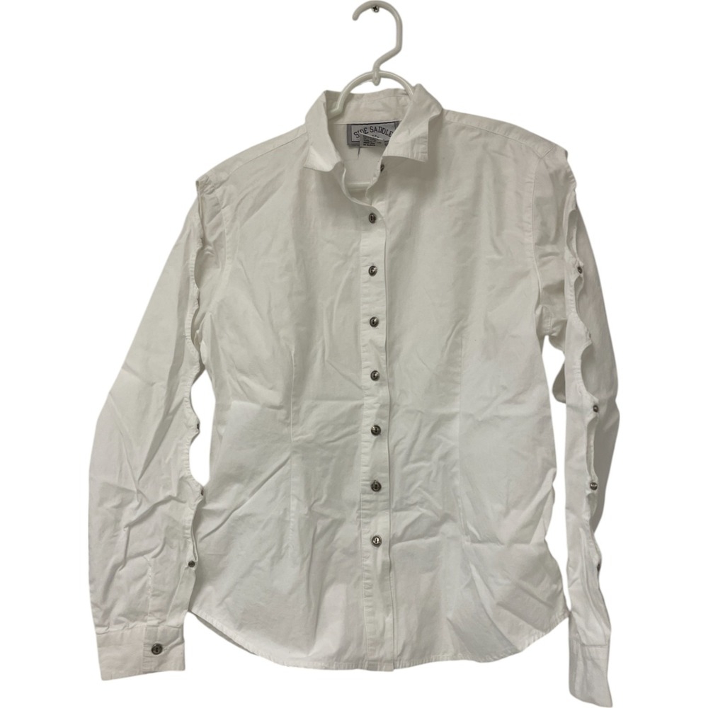 Side Saddle Womens Top Medium White Button Up‎ Shirt Long Cut Out Sleeve Cotton
